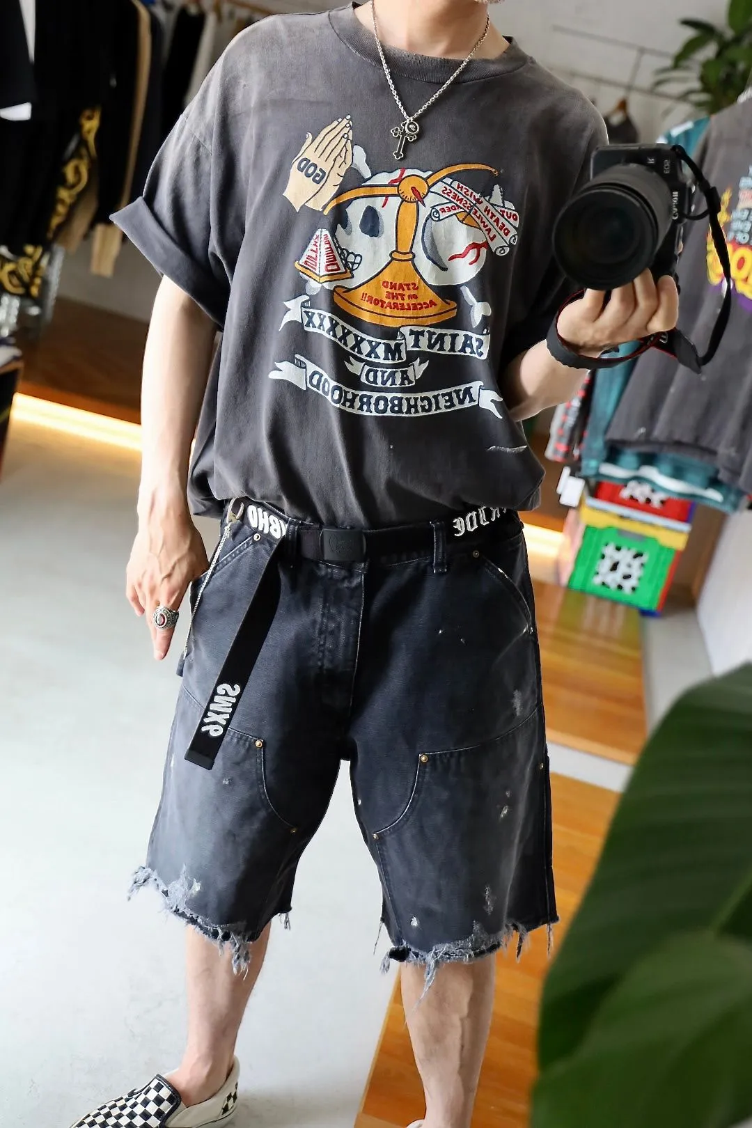 SAINT Mxxxxxx × NEIGHBORHOOD STHD . SS TEE PRAY/BLK NBHD Shinsuke Takizawa co-branded model Praying scale tee Washed black S-XL SAINT HOOD theme co-branded capsule series Garment dyeing Rewashing water fading Destroying graffiti Simulating natural distressed effect Top printing technology Washing treatment Correct version Customized joint main mark/wash mark/cherub mark